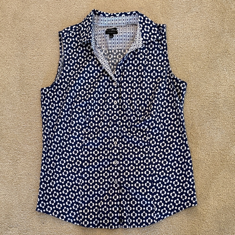Talbots Blue and White Geometric Sleeveless Blouse